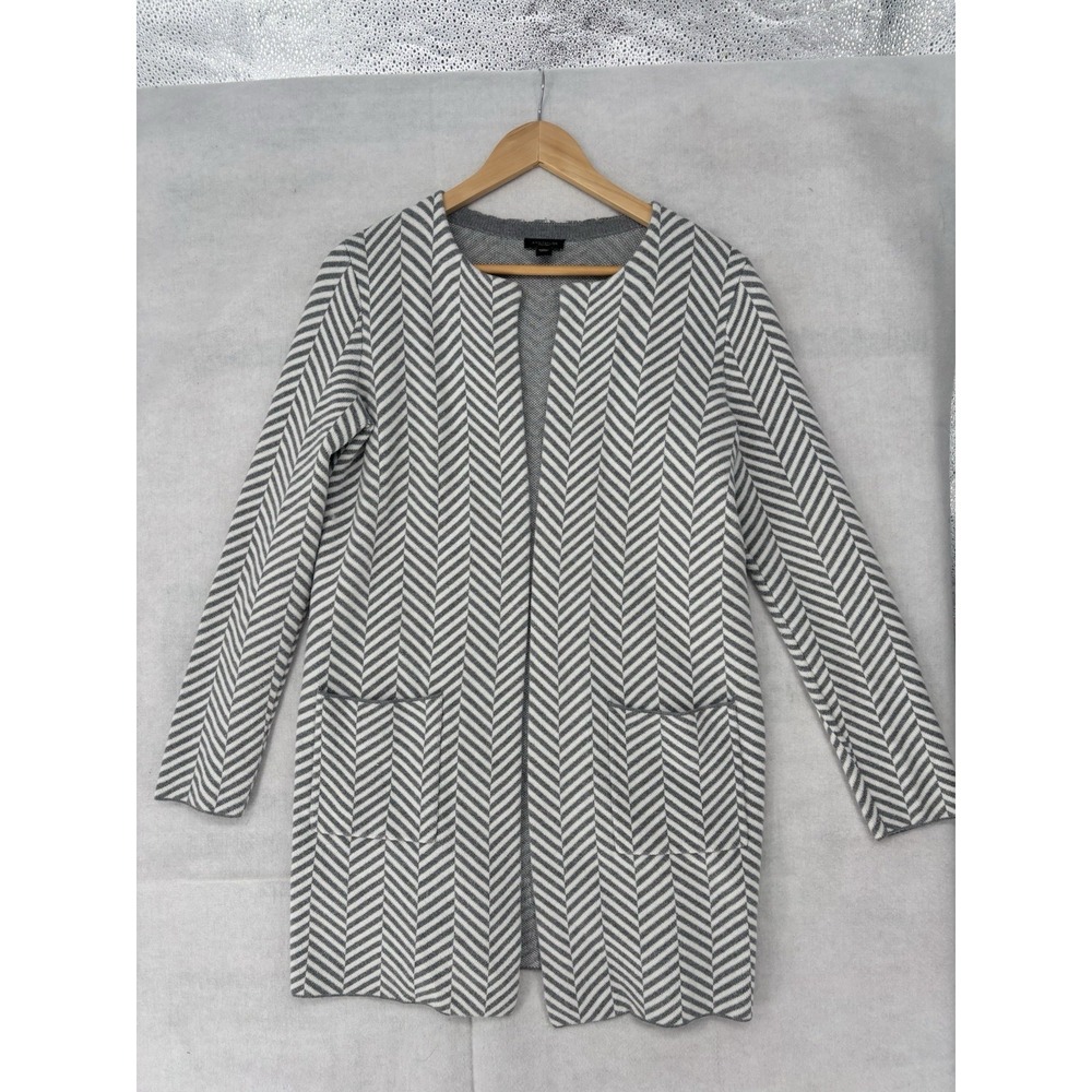 Ann Taylor XS Gray/White Herringbone Knit Cardigan Sweater Open Front